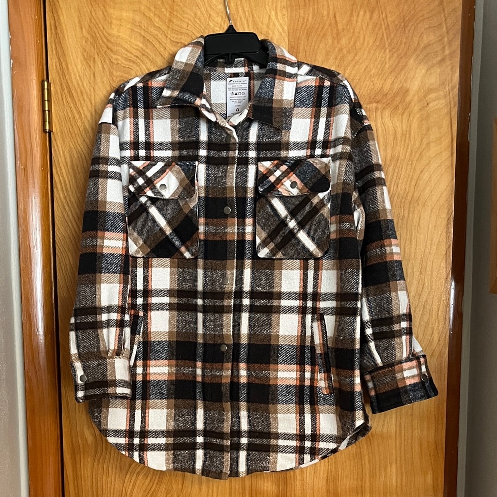 Women's Plaid Shirt Jacket - Brown and Cream